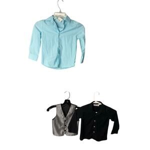 Two Long sleeve dress shirts blue black and black/silver vest boys toddler 4
